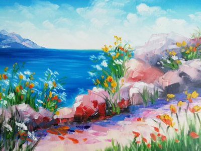 Цветущий берег, 30x40см, масло, холст Вид на море с цветущего берега, 30x40см, масло, холст