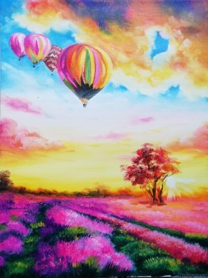 Воздушный шар над полем, 30x40см, масло, холст Воздушный шар над цветущими полями, 30x40см, масло, холст