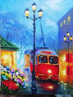 Пейзаж с троллейбусом, 30x40см, масло, холст Пейзаж маленького города с троллейбусом, 30x40см, масло, холст