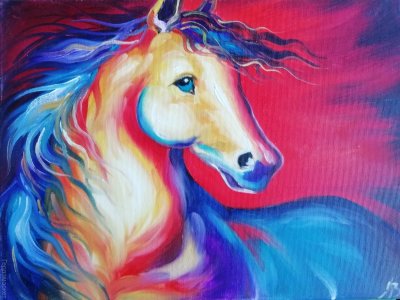 Конь в сиреневом свете, 30x40см, масло, холст Прекрасный конь на фантастическом фоне, 30x40см, масло, холст