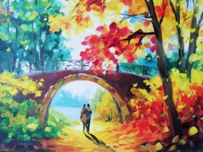Пара в осеннем парке, 30x40см, масло, холст Влюбленная пара в осеннем парке под мостом, 30x40см, масло, холст