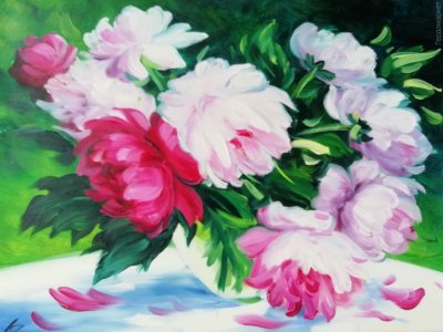 Пионы на столе, 30x40см, масло, холст Деревенский пейзаж с цветущими полями, 30x40см, масло, холст