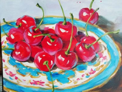 Черешня, 30x40см, масло, холст Натюрморт с черешней в голубой тарелочке, 30x40см, масло, холст